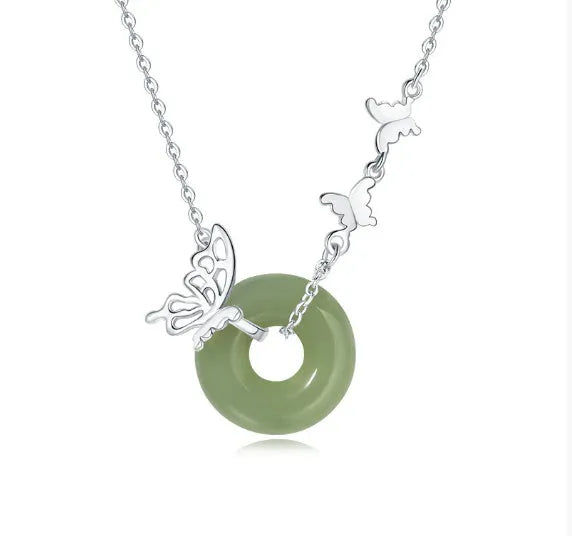 925 silver butterfly necklace with inlaid jade peace buckle on a chain, with matching bracelet