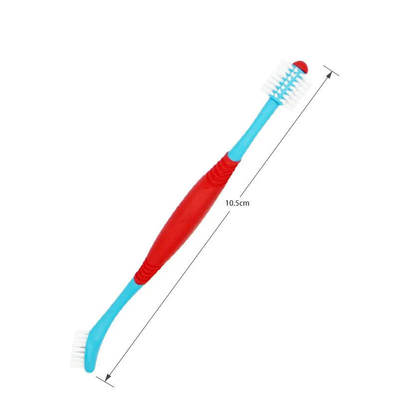 Double-headed plastic finger pet toothbrush for teeth cleaning and stain removal, shown in a choice of colours.
