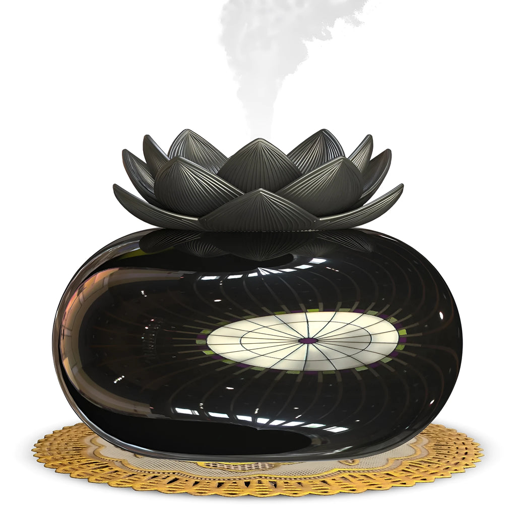 Pure black lotus-shaped aromatherapy humidifier with USB cable and ceramic finish