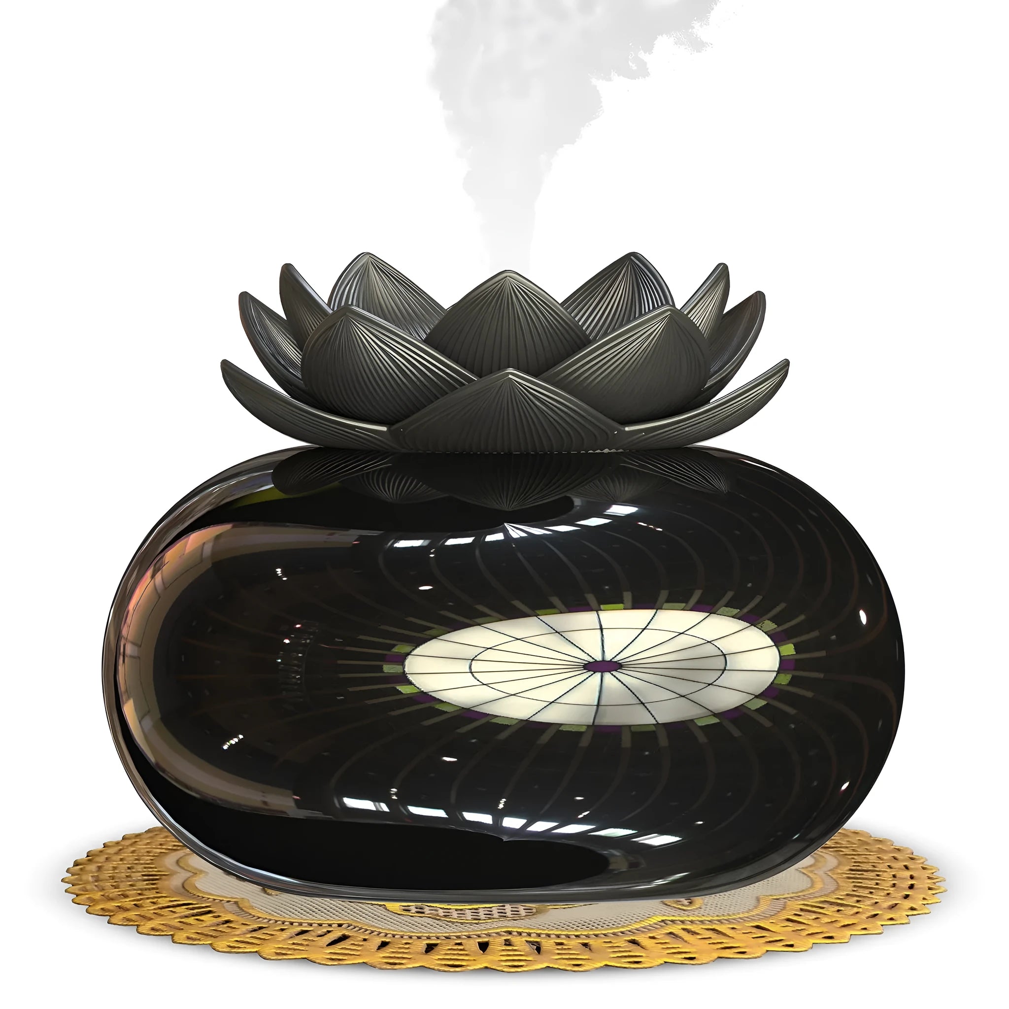 Pure black lotus-shaped aromatherapy humidifier with USB cable and ceramic finish