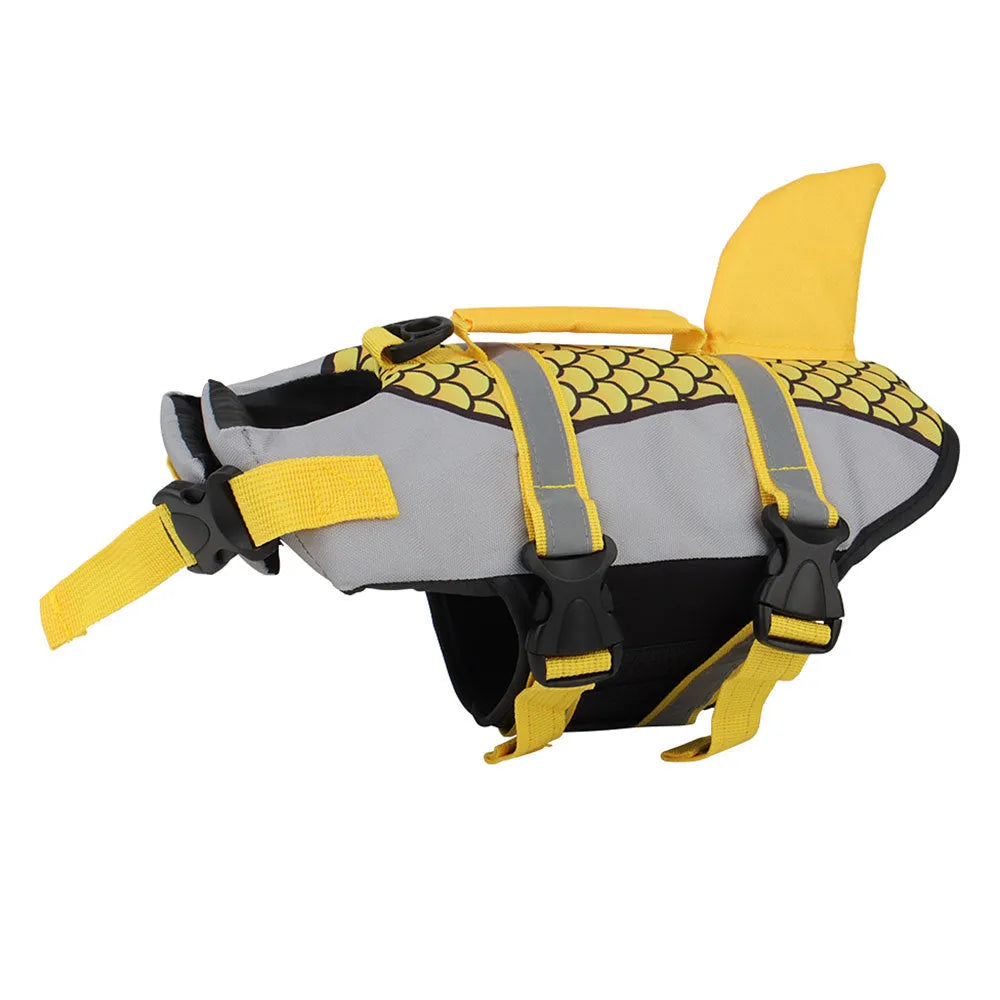 Dog life jacket vest in blue with back lift handle and metal leash ring, ripstop Oxford cloth and EPE filling.