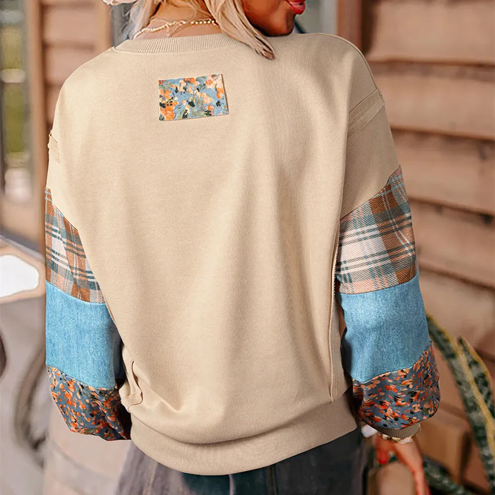 Women's plaid stitching long-sleeved top in apricot colour with loose Japanese Korean casual style