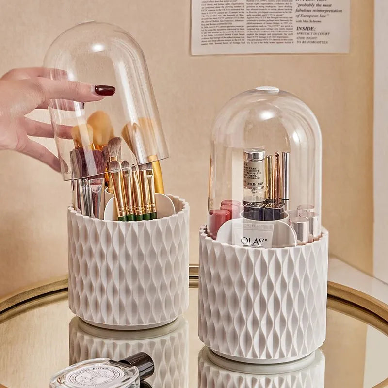 White transparent acrylic rotating makeup brush storage holder with dust-proof lid on desktop