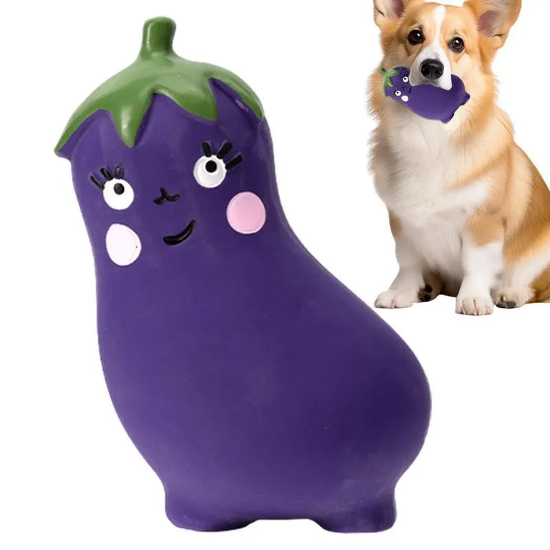 Latex vegetable dog chew toy in green, orange and purple cartoon designs for dental hygiene