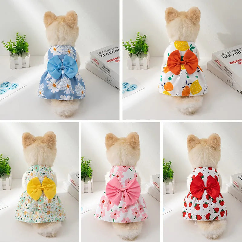 Ultra-thin floral butterfly knot princess dress for a dog or cat on a summer day.