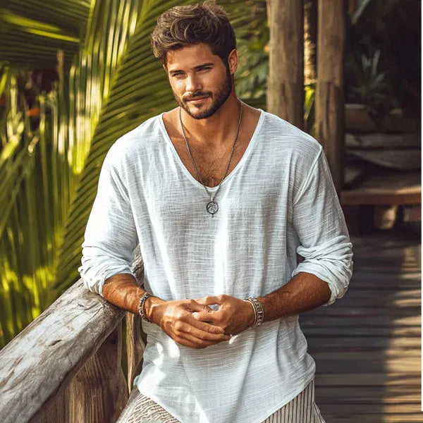 Beige men's V-neck long-sleeved slim fit T-shirt made from hemp blend fabric