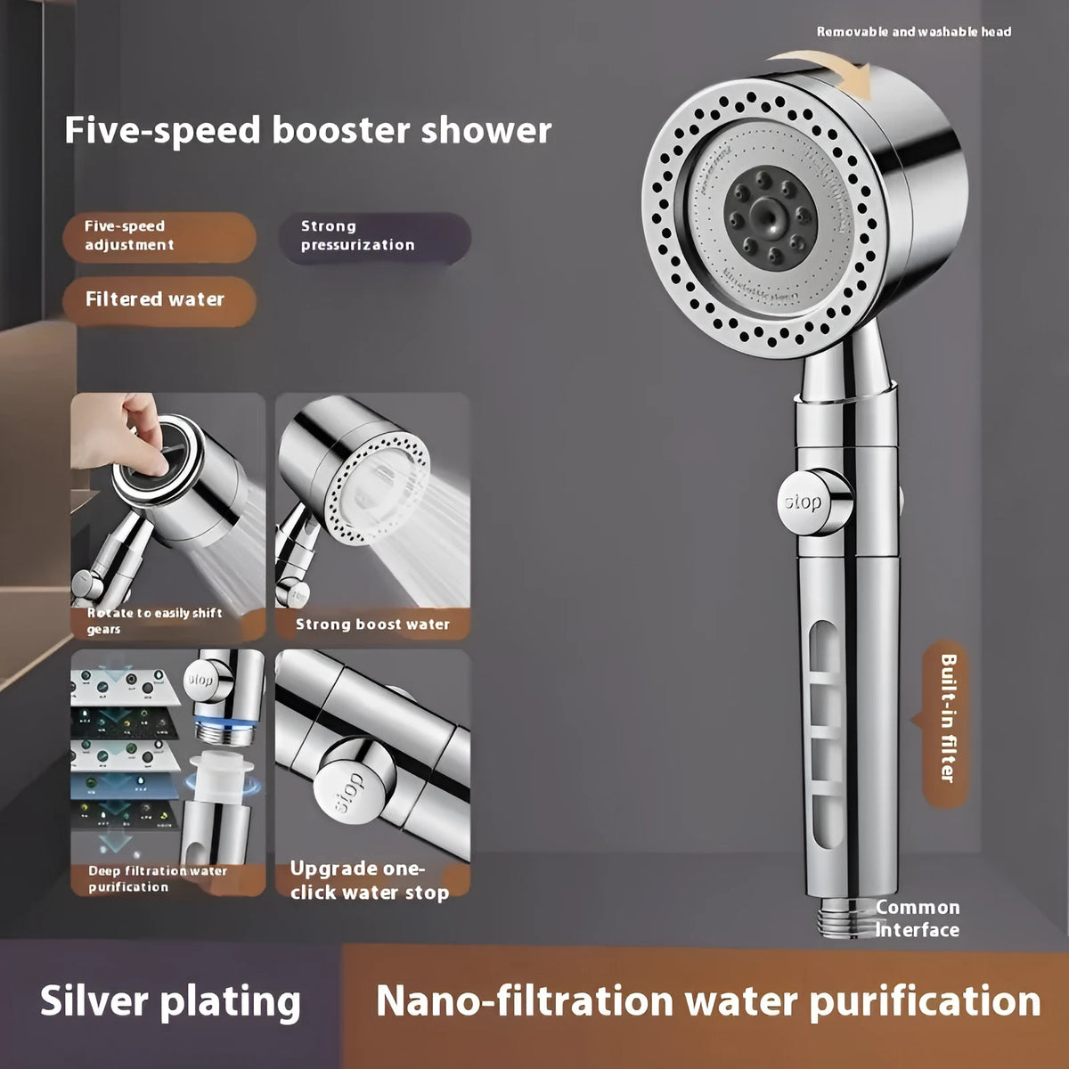 Silver chrome portable shower head with multiple spray functions