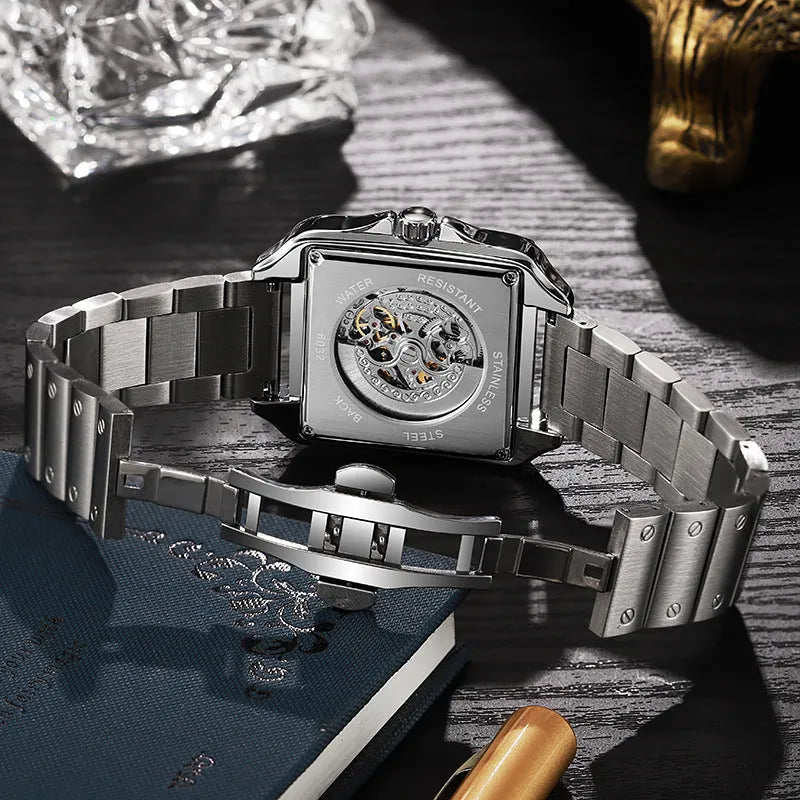 Men's square automatic watch with diamond-studded design on steel belt