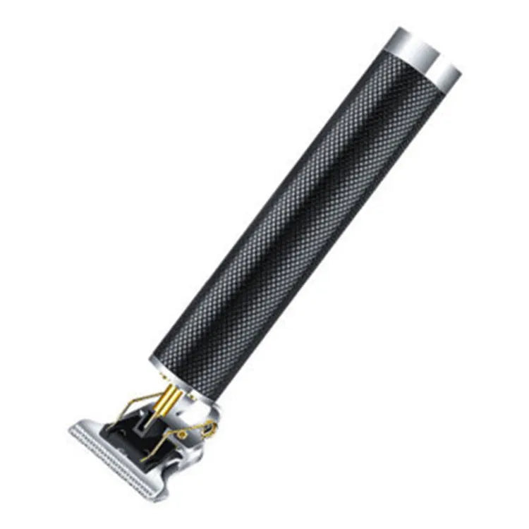 Black rechargeable electric hair clipper with gold steel blades, four plastic combs, and a cleaning brush on a white background.