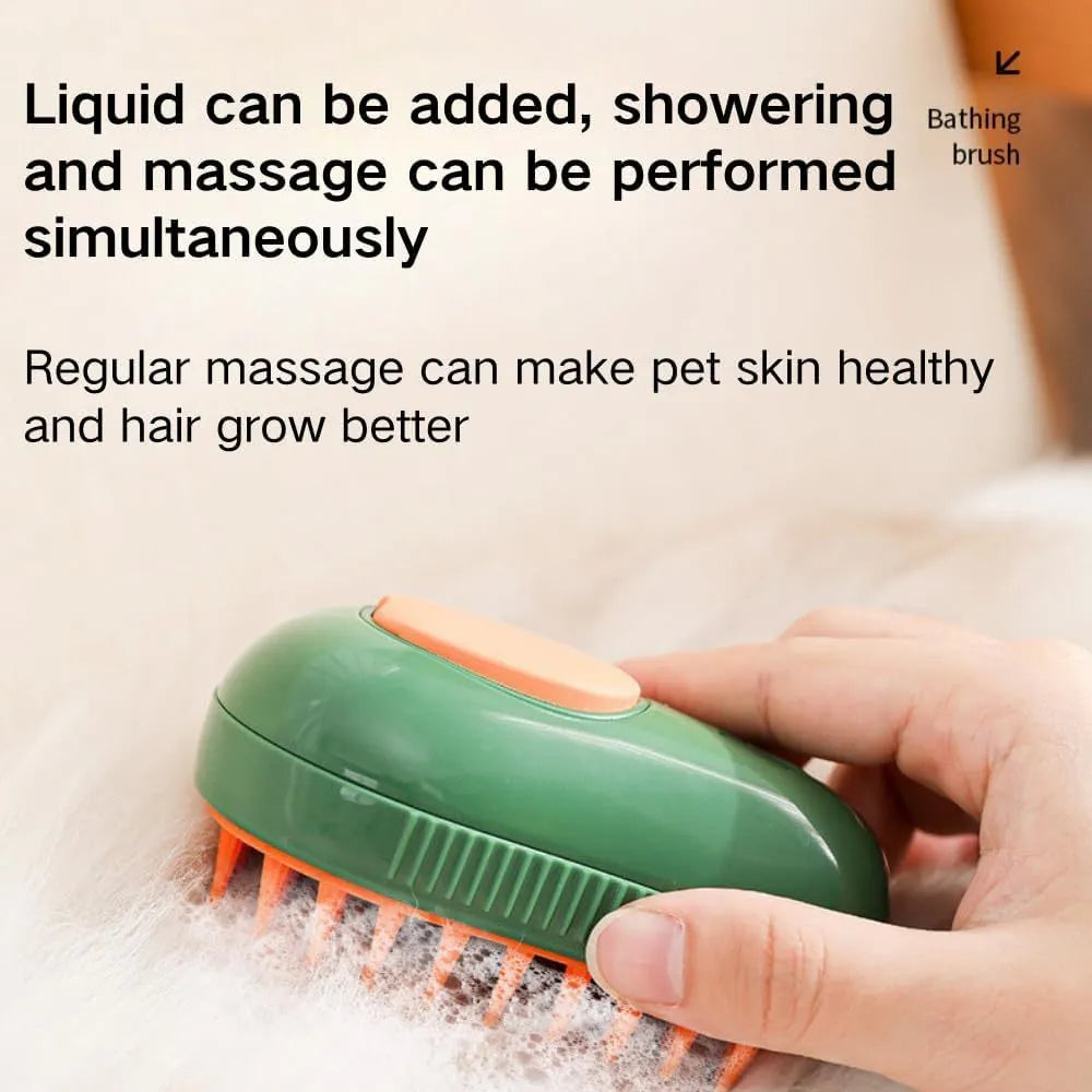 Green and white rechargeable cat steam brush with silicone teeth for grooming and massage.