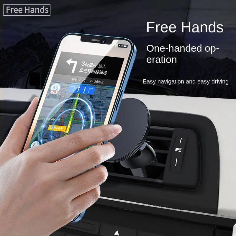 Black aluminium alloy magnetic suction car air outlet mobile phone holder mounted on dashboard