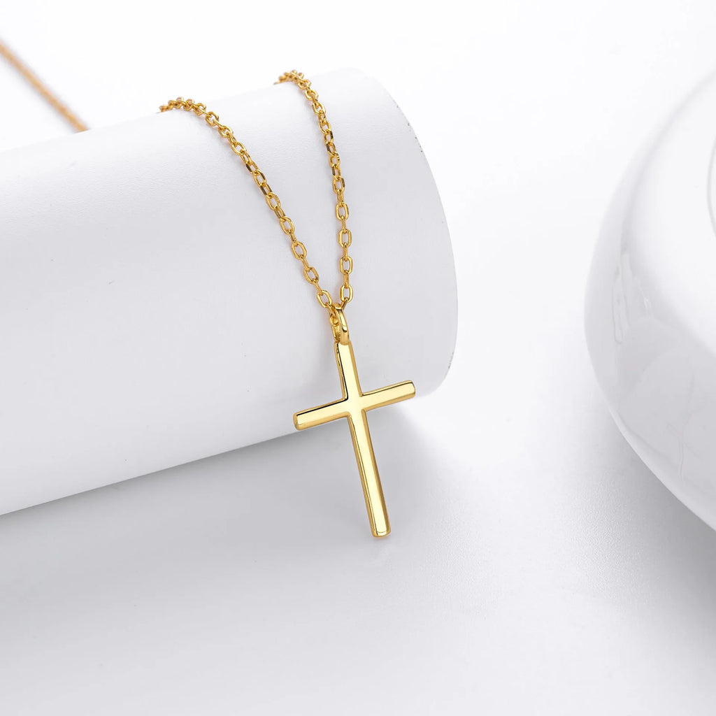 Sterling silver cross pendant necklace on O-shaped chain with gold, platinum, and rose gold plating options
