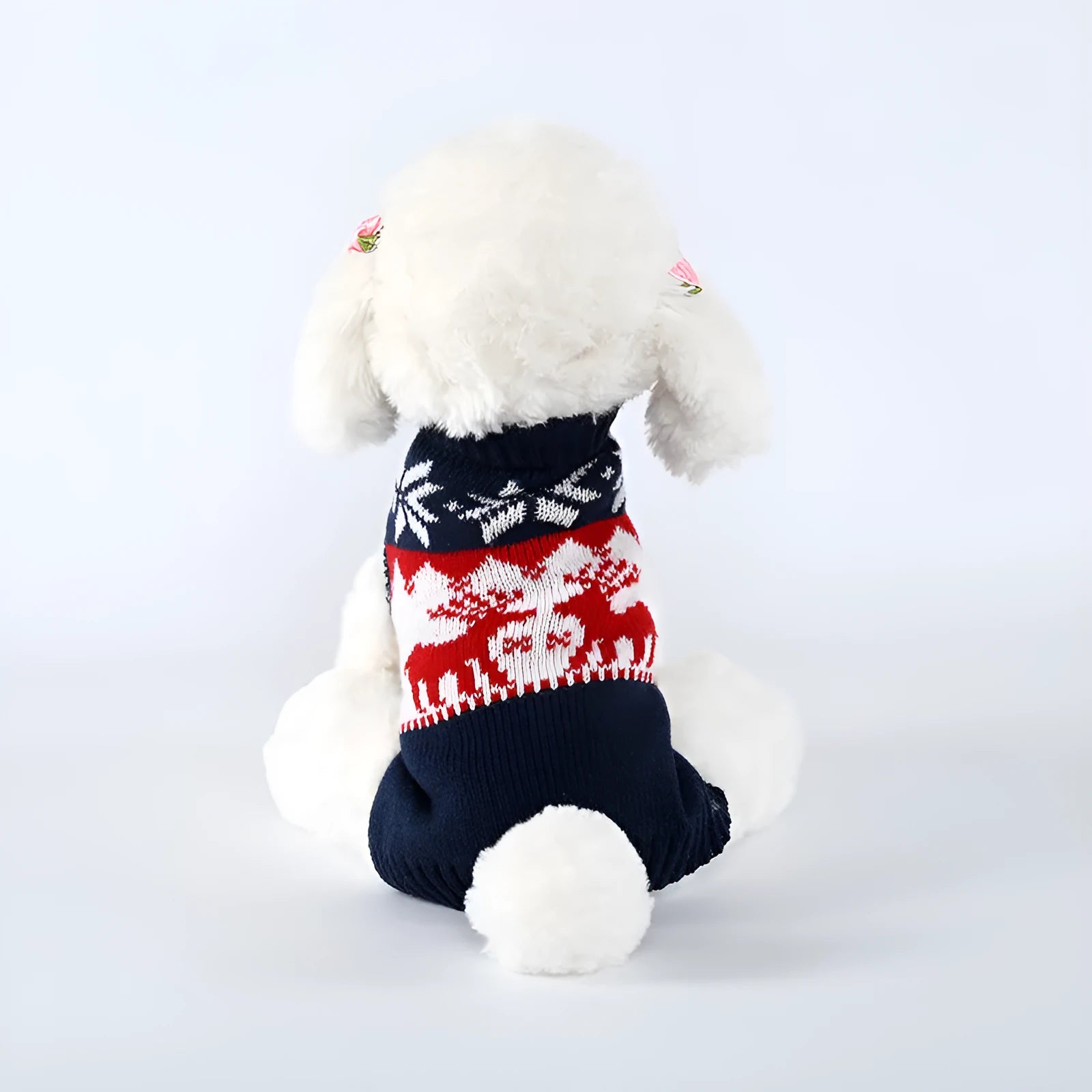 Navy blue Christmas dog knitted sweater with reindeer and star patterns, ribbed collar and hem