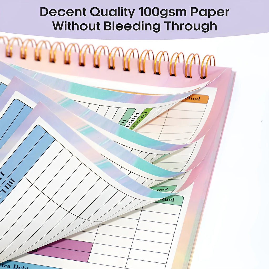 B5 size spiral bound budget notebook with a PP cover, open on a table.