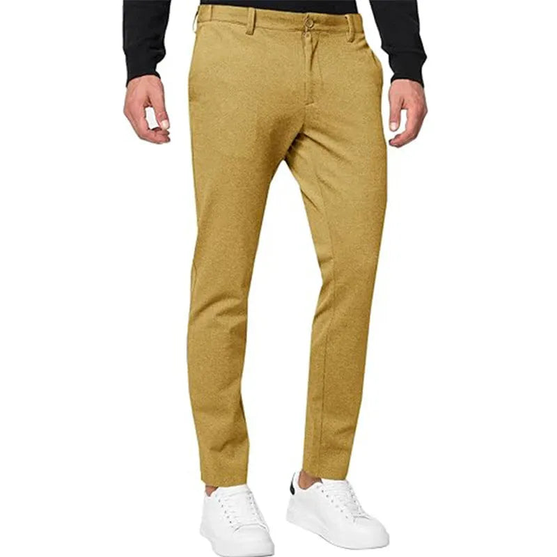 Men's slim-fit tapered chino trousers in a solid colour, showing the tapered leg and casual style.