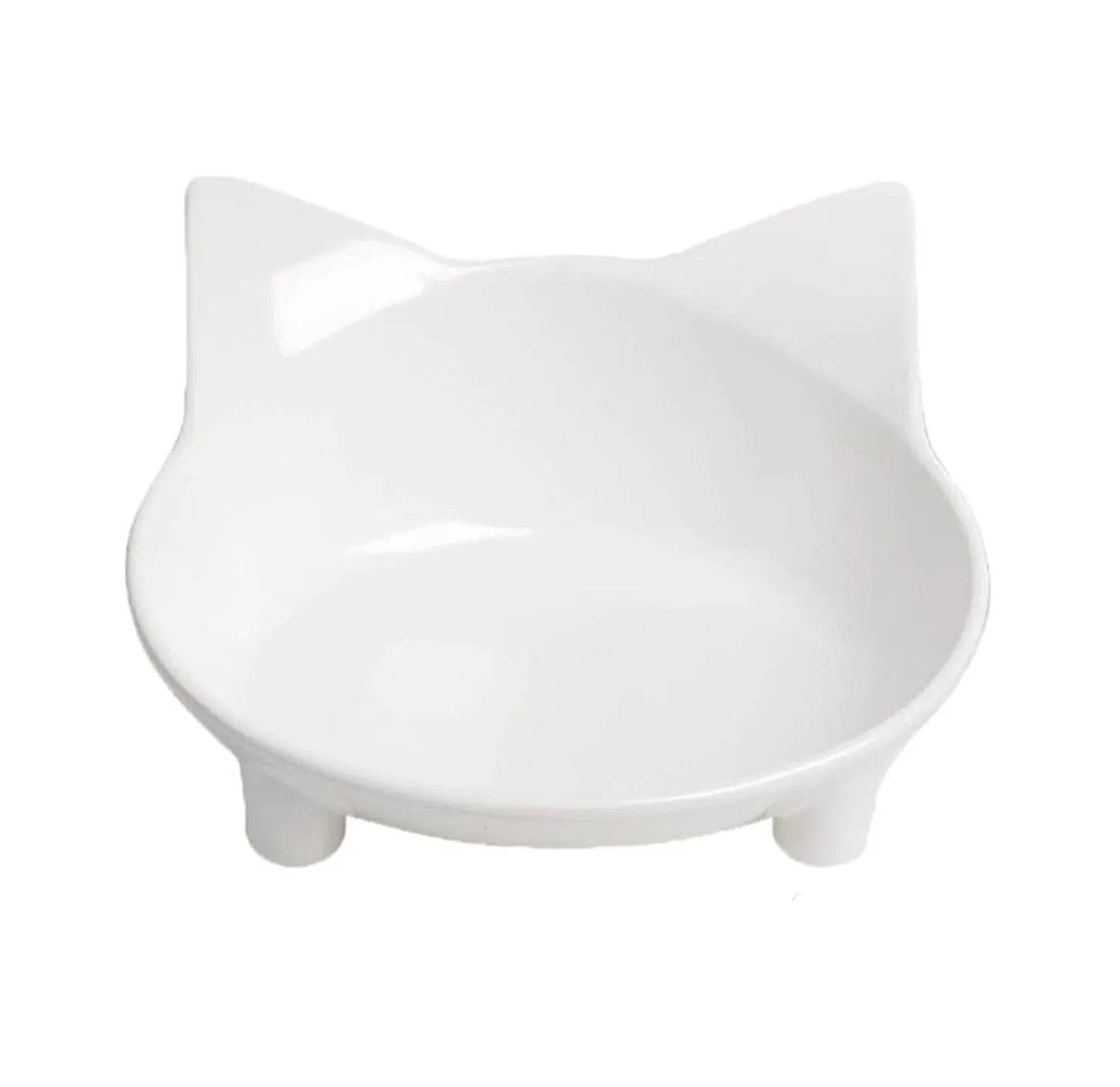 Shallow black melamine cat bowl with non-slip rubber base on a wooden floor.