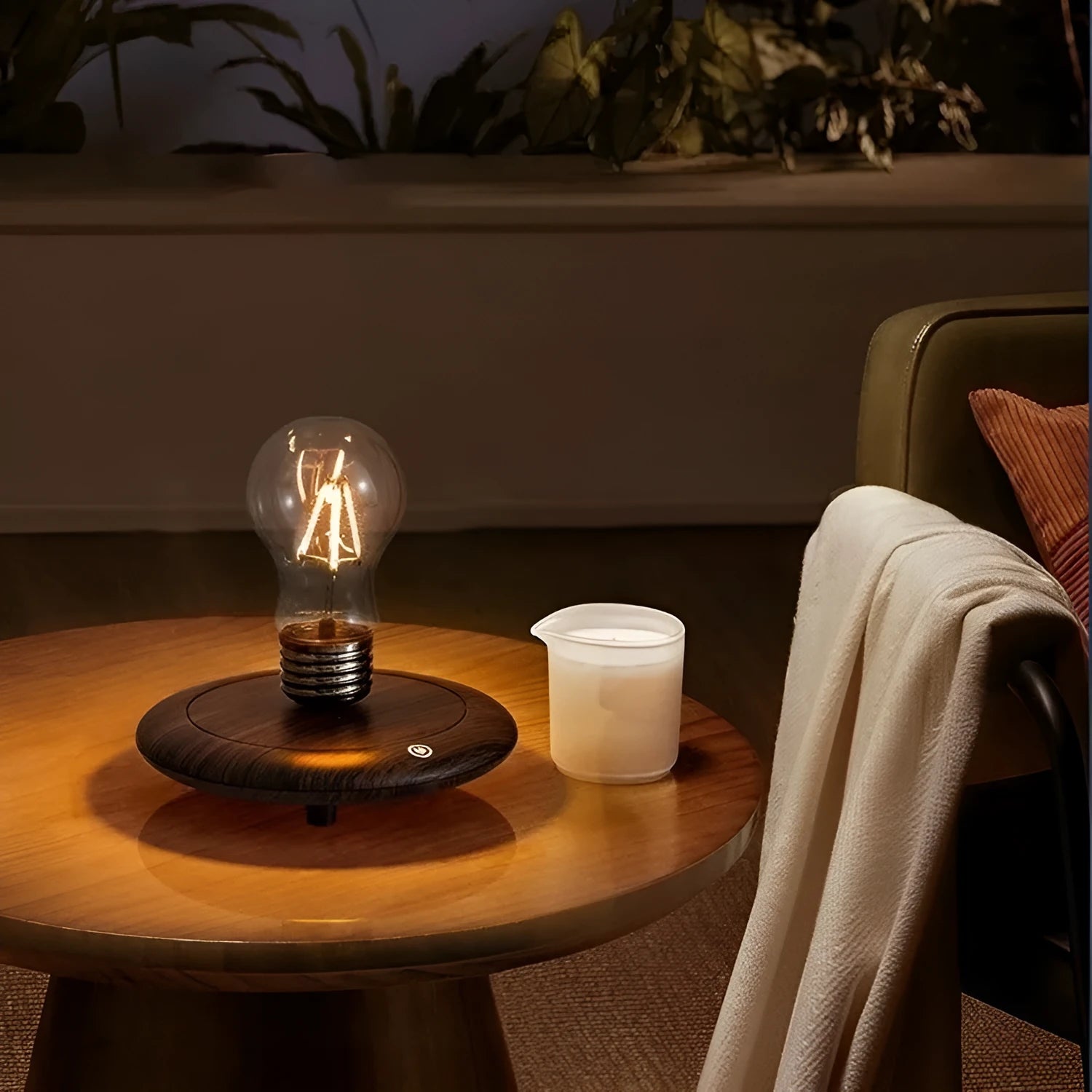 Creative suspension bulb night lamp with iron art construction on wood grain base