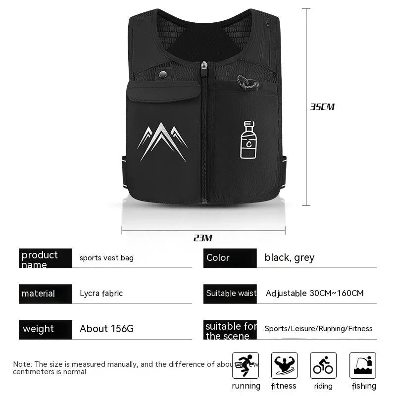 Sports running vest with front mobile phone bag in breathable mesh fabric, shown in classic black colour.