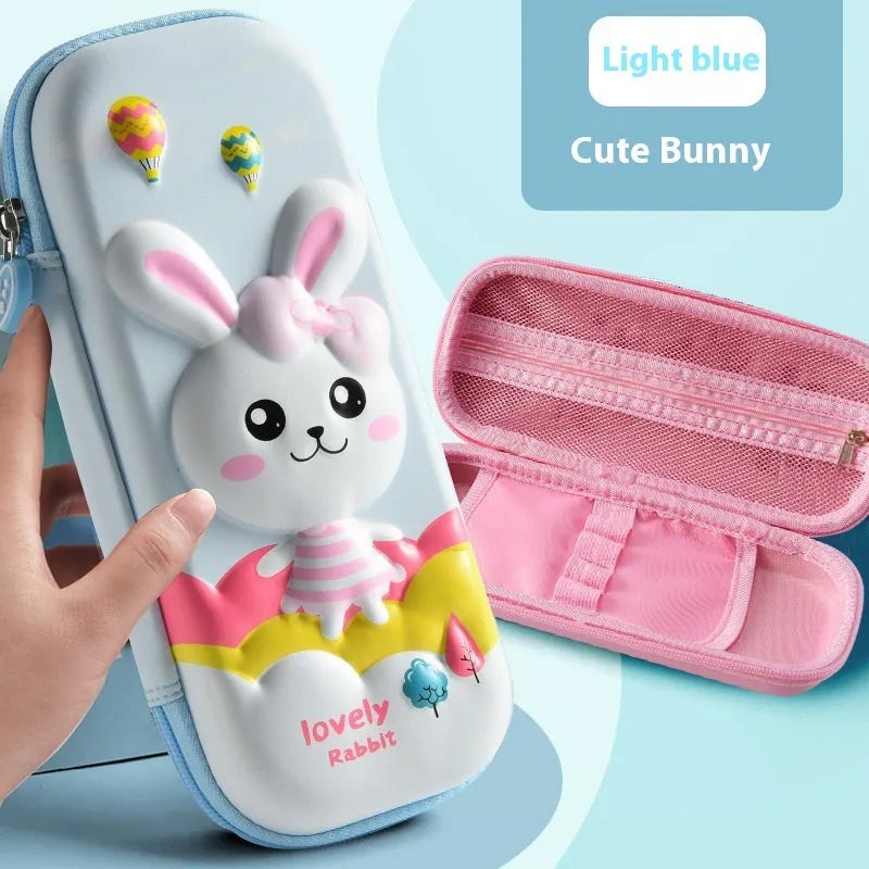 3D leather pencil case with zipper closure showing character design options including astronauts, unicorns, and mermaids