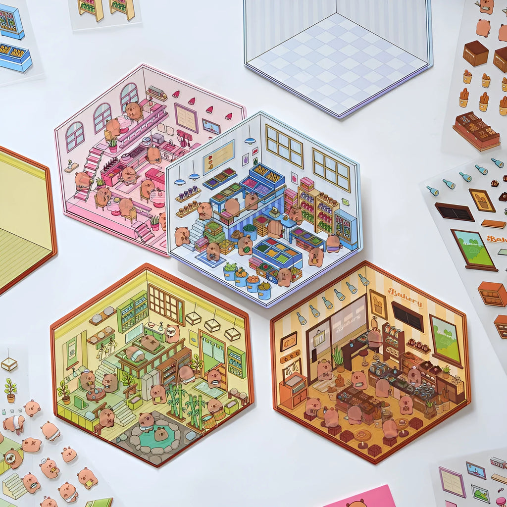 PET cut-free three-dimensional cartoon stickers for journal landscaping in eight shop-themed colours
