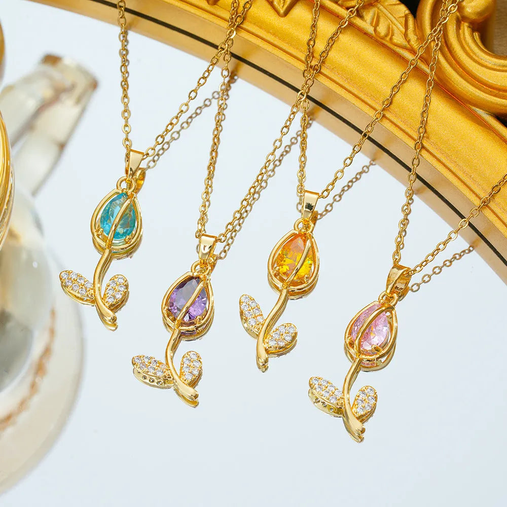 Titanium steel tulip flower necklace for women with zircon decoration and adjustable length