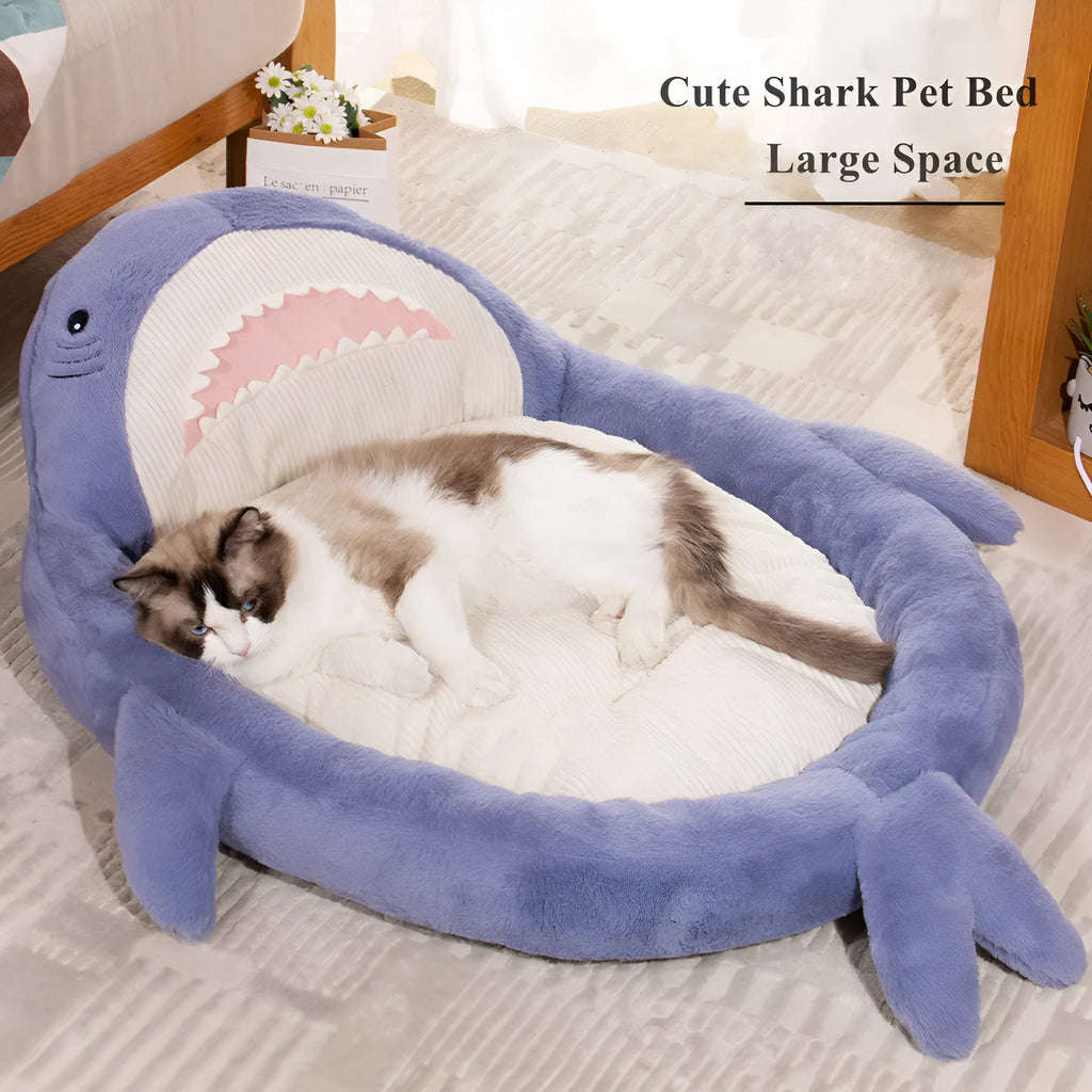 Blue shark pattern pet bed cushion on floor with velvet fabric and non-slip bottom