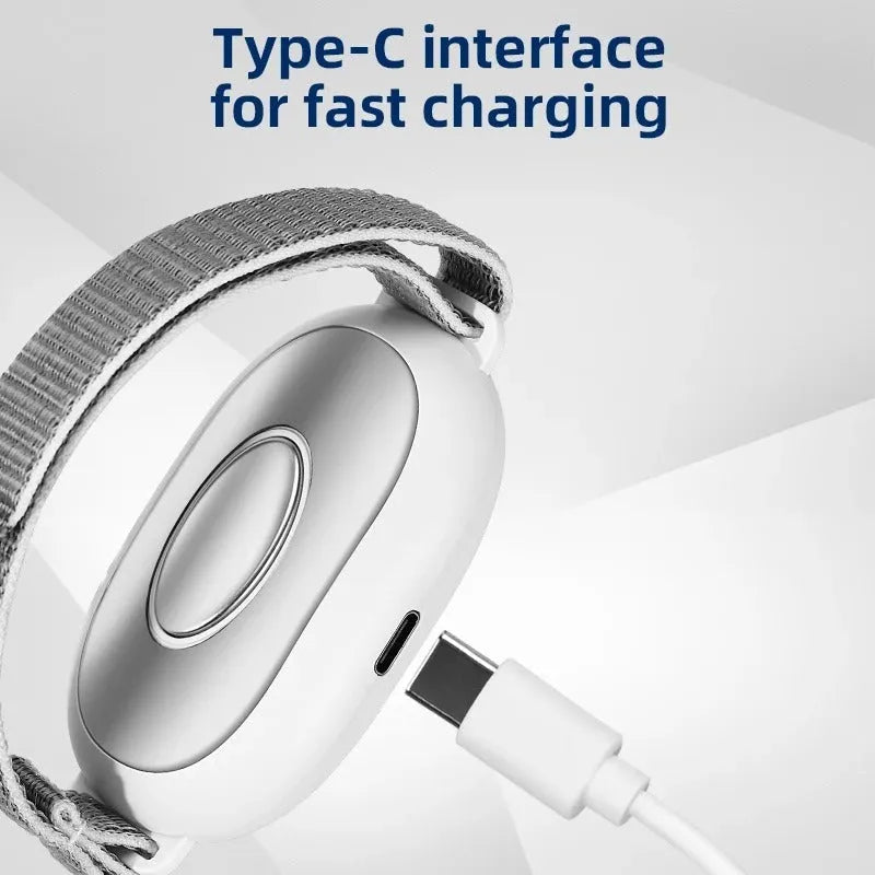 White sleep aid device with handheld remote control showing 20 intensity levels and USB charging port