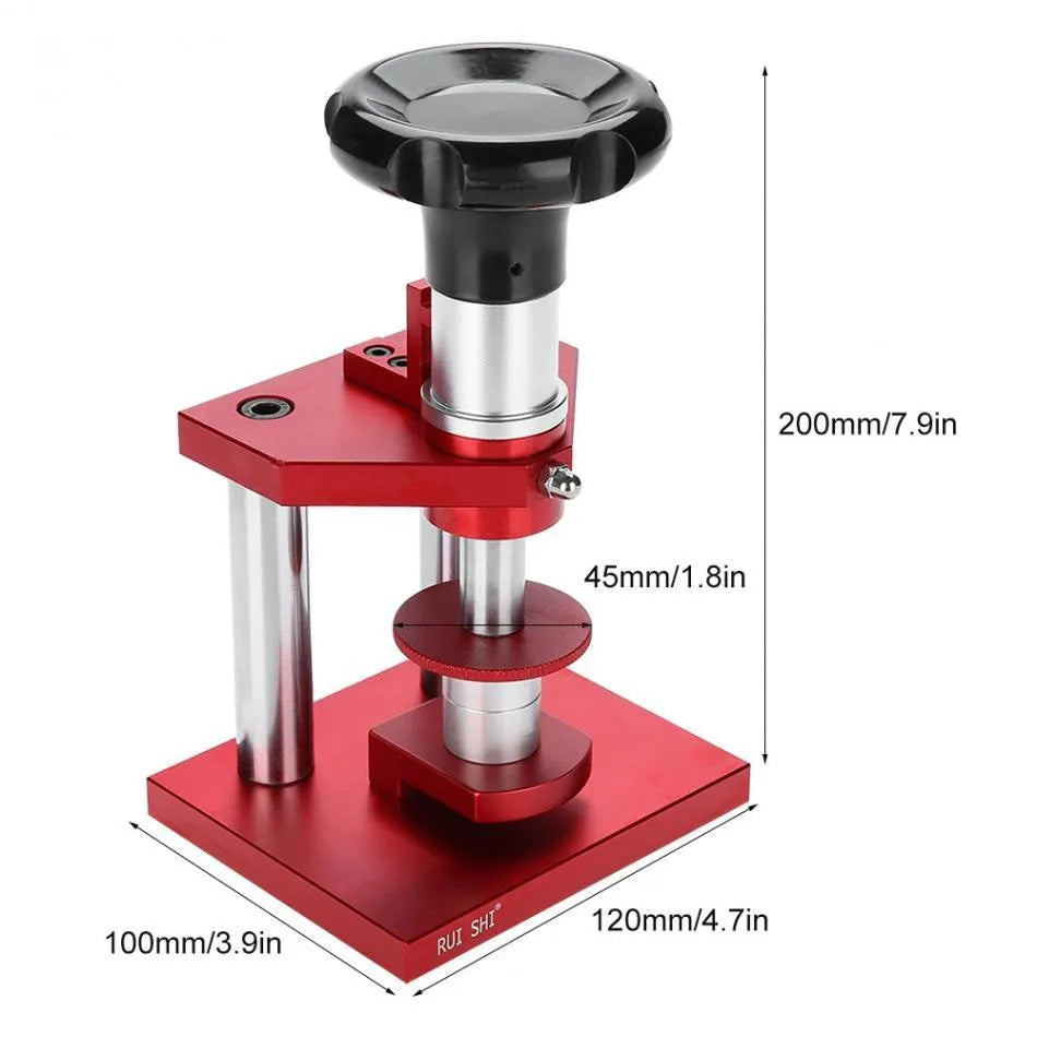 Watch repair spiral cap presser with capsulator device and 20 plastic moulds for case back removal