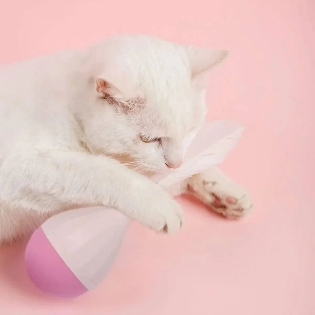 Feather tumbler cat toy with goose feathers, ABS plastic construction and aluminium alloy core