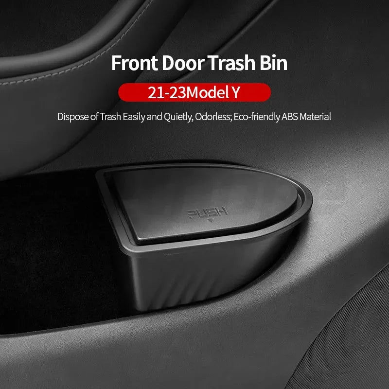 Two black ABS plastic Tesla Model Y car door trash cans showing Y-type design