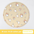 Round pet cooling mat with cartoon dog design showing cloth fabric and circular shape