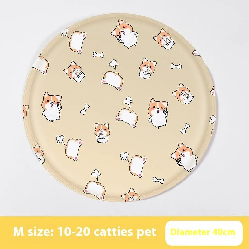 Round pet cooling mat with cartoon dog design showing cloth fabric and circular shape