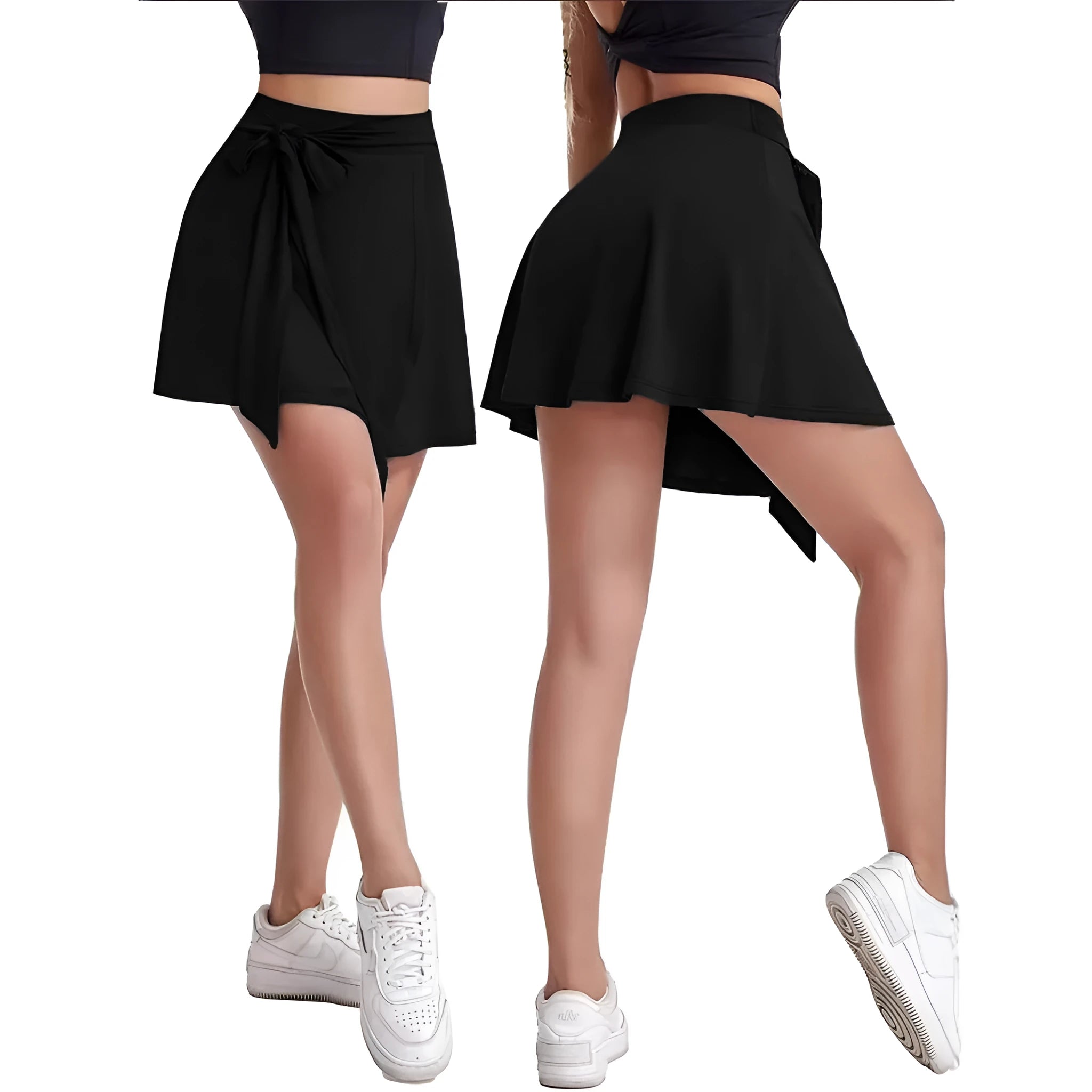 Black thigh-length sports skirt with built-in shorts and shoulder strap detailing