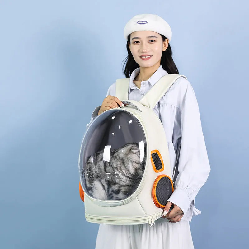 Cat bag space capsule backpack in blue with large capacity breathable PVC design for pet travel