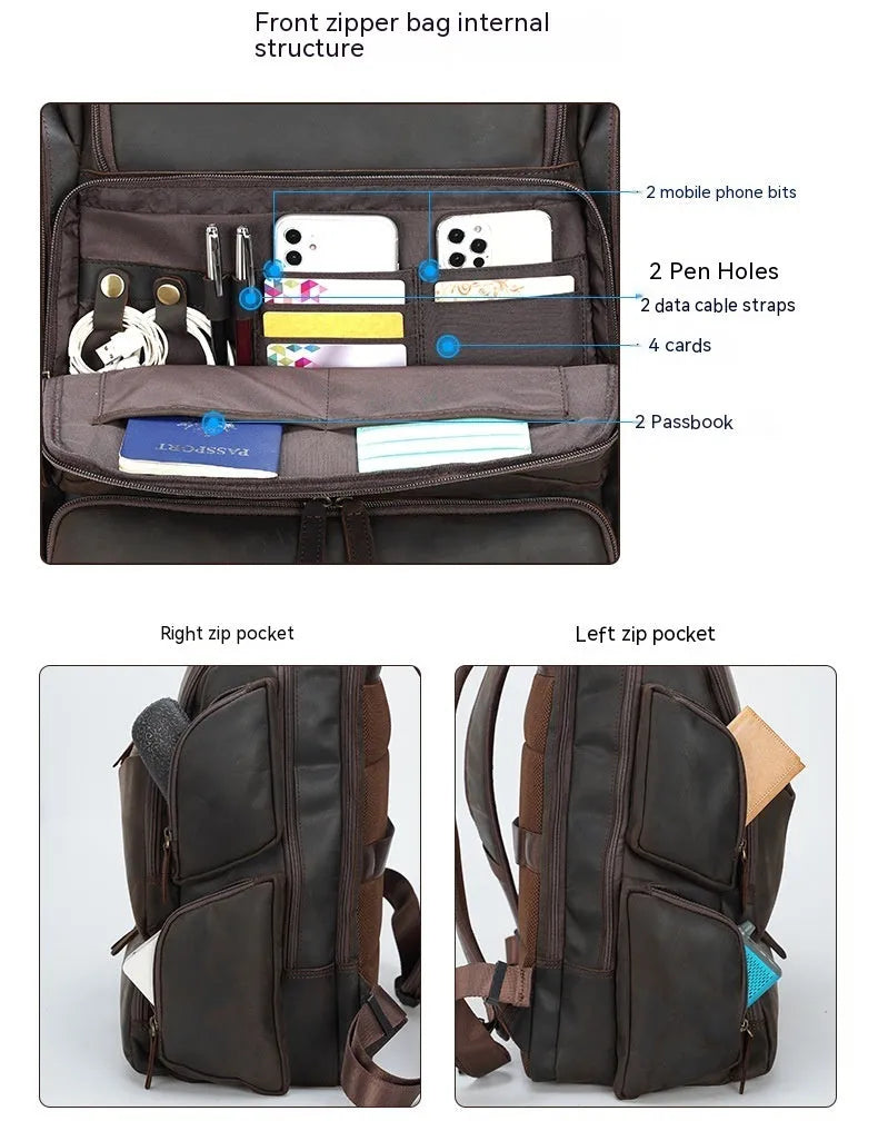 Dark brown genuine leather backpack for men with 17-inch laptop compartment and multiple internal organisers