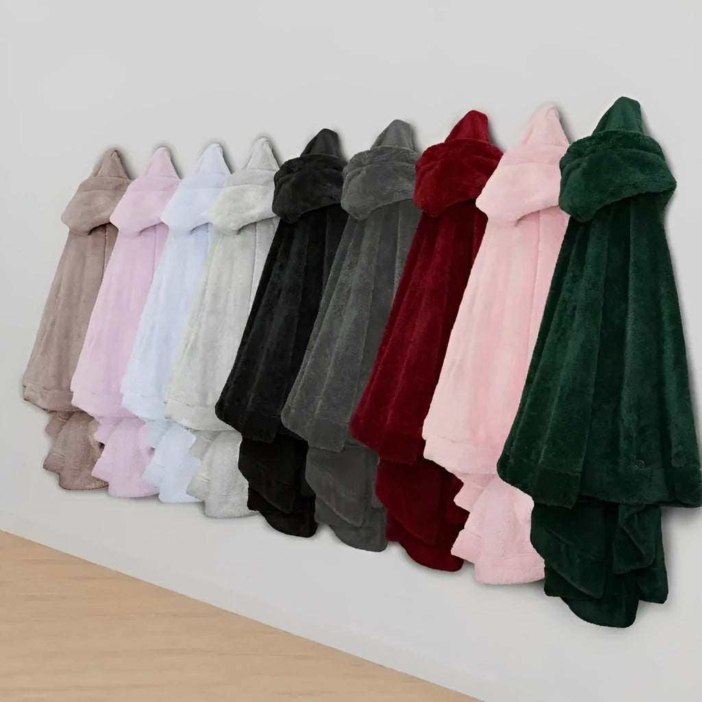 A thick hooded polyester bathrobe in a cardigan style with long sleeves, shown in a solid colour.