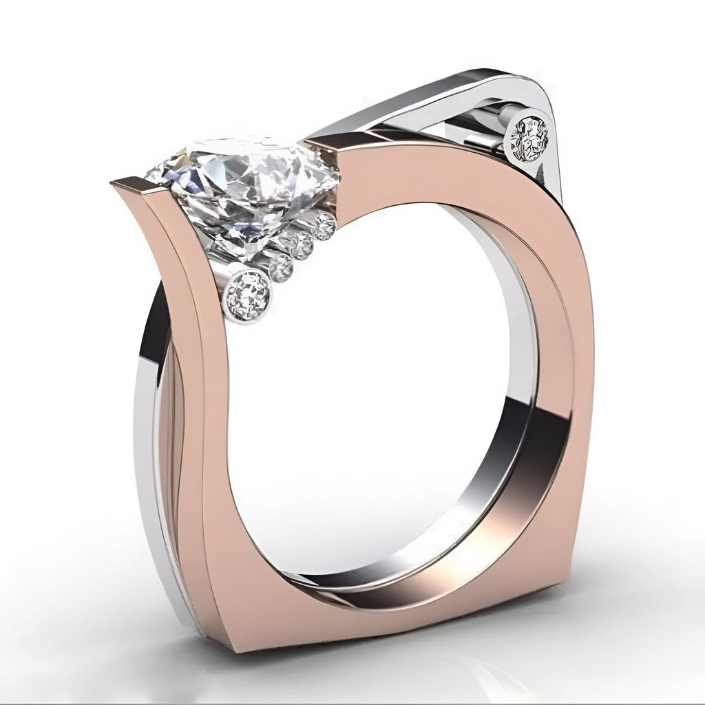 Rose gold women's couple ring with geometric design and zircon stone detailing