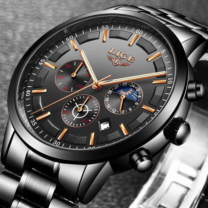 Men's waterproof quartz sports watch with 12mm thickness in black and rose red gold colour option