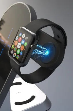 Black multifunctional wireless charging alarm clock with six ports showing smartphone on charging pad
