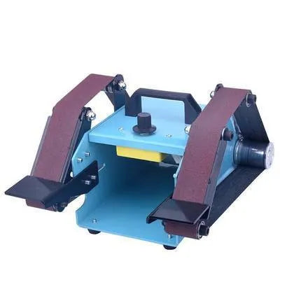 Blue desktop dual-axis belt sander on a workbench for knife sharpening and polishing