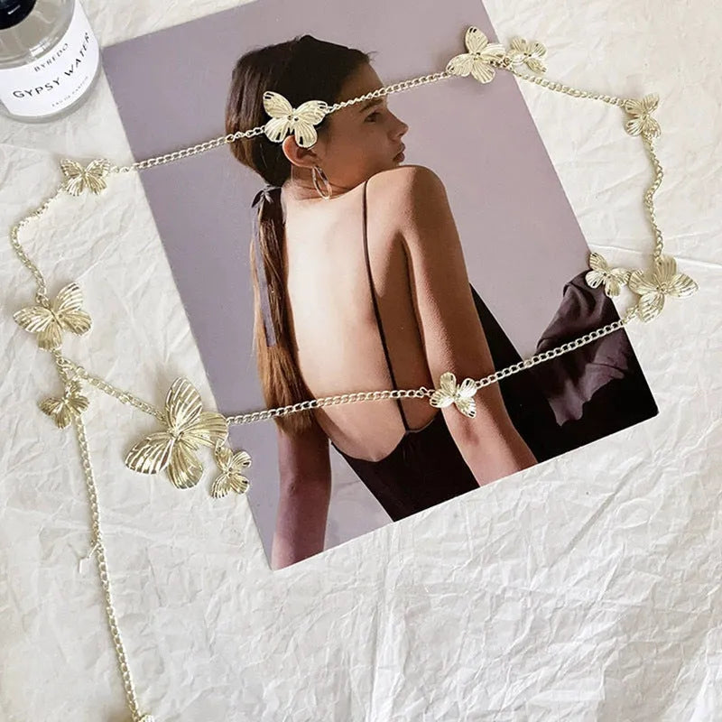 Women's alloy waist chain with butterfly charm in gold or silver colour, 104cm length
