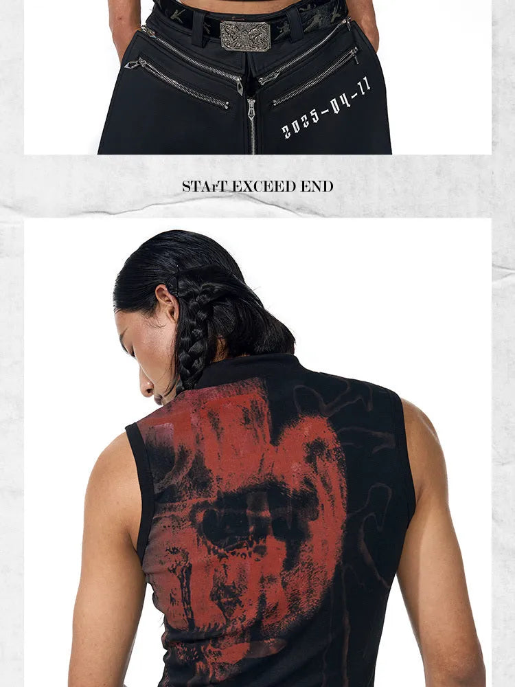 Half turtleneck slim-fit sleeveless T-shirt with printed character pattern in black cotton fabric
