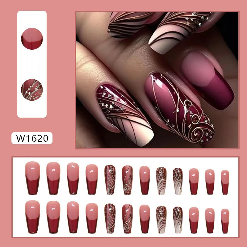 French line pattern false nails with glue tube, 24-piece press-on nail set