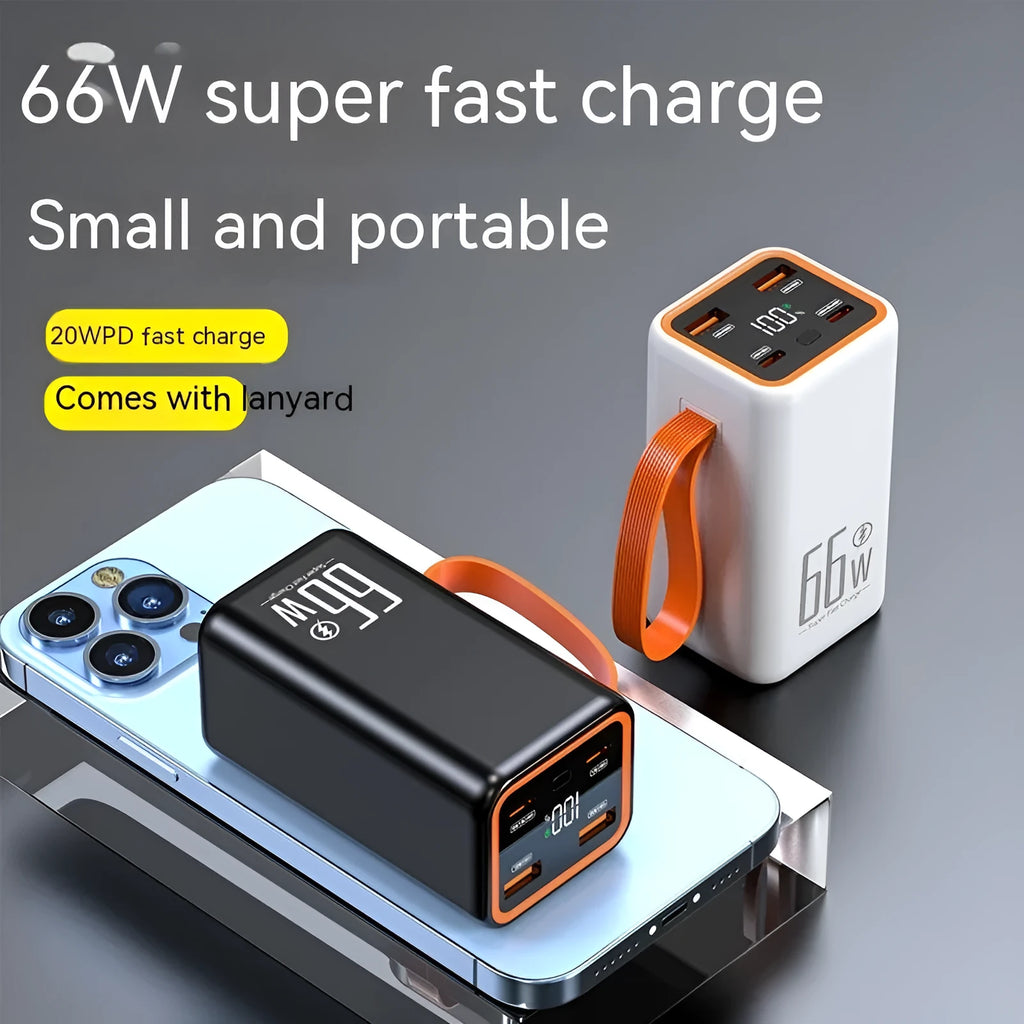 Black and white 20000mAh fast-charge power bank showing compact 95x52x47.5mm dimensions