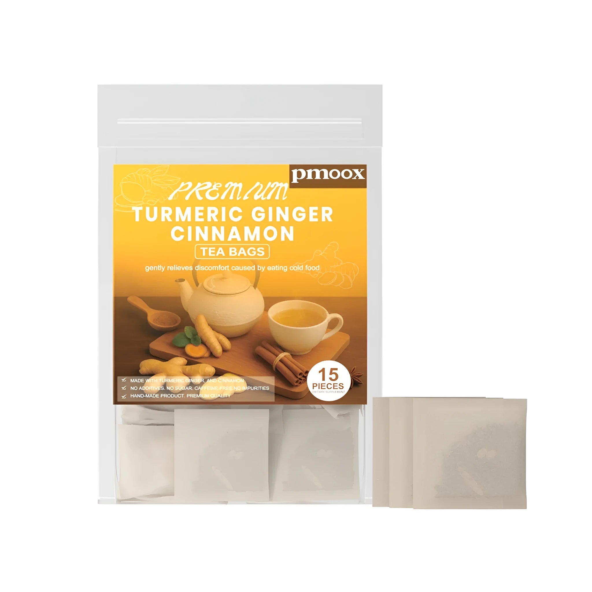 Pack of turmeric cinnamon herbal tea bags showing 15 count label with spice ingredients listed