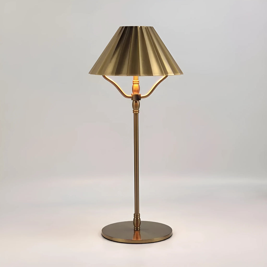 Gold-coloured alloy desk lamp with a shade, showing a USB-C charging port and touch control.