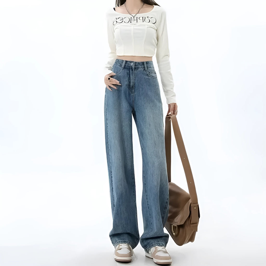 Women's retro blue wide leg jeans with high waist and straight cut design
