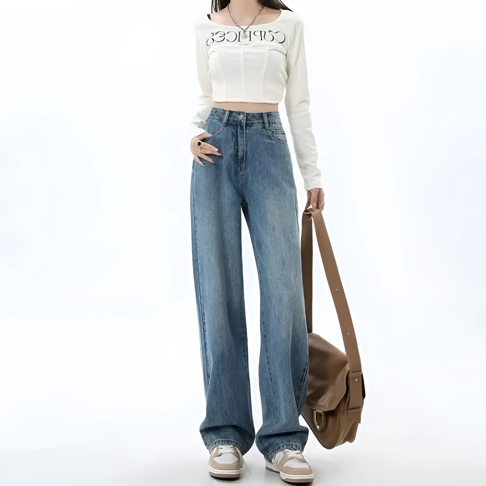 Women's retro blue wide leg jeans with high waist and straight cut design