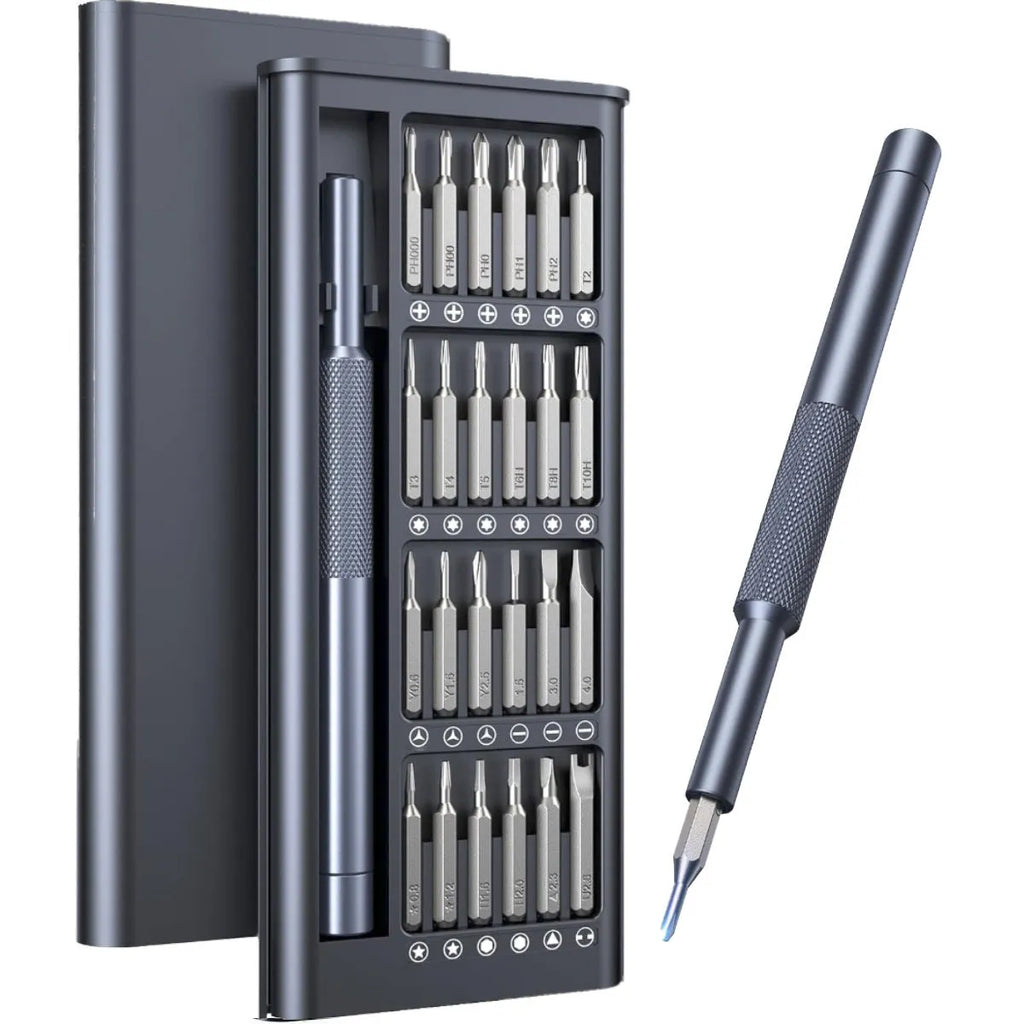 25-in-one magnetic screwdriver set with chrome vanadium steel bits and black ABS handle measuring 110mm