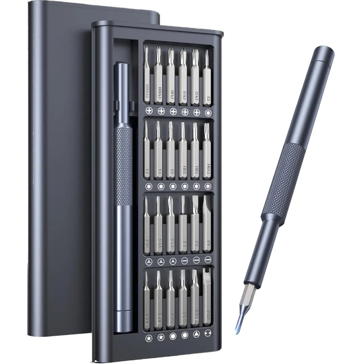 25-in-one magnetic screwdriver set with chrome vanadium steel bits and black ABS handle measuring 110mm
